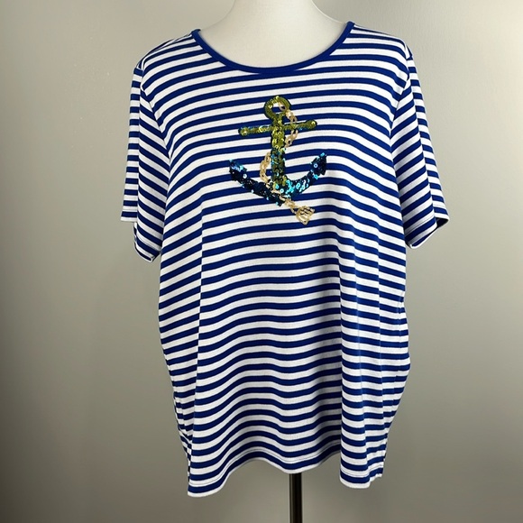 Quacker Factory Blue Stripe Sequin Anchor T-shirt Nautical Sailor Sz XL Cruise - Picture 2 of 13